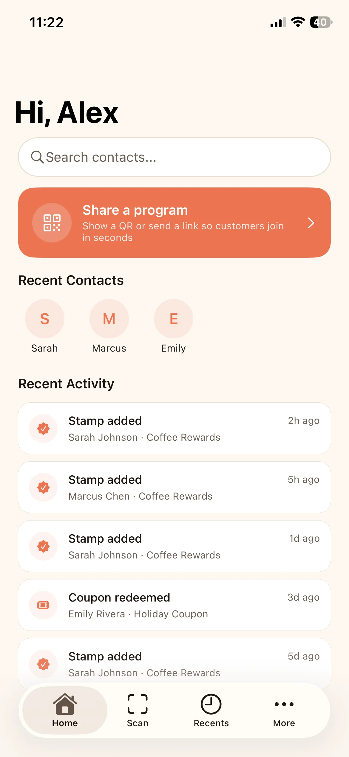 Staff home with contacts and activity