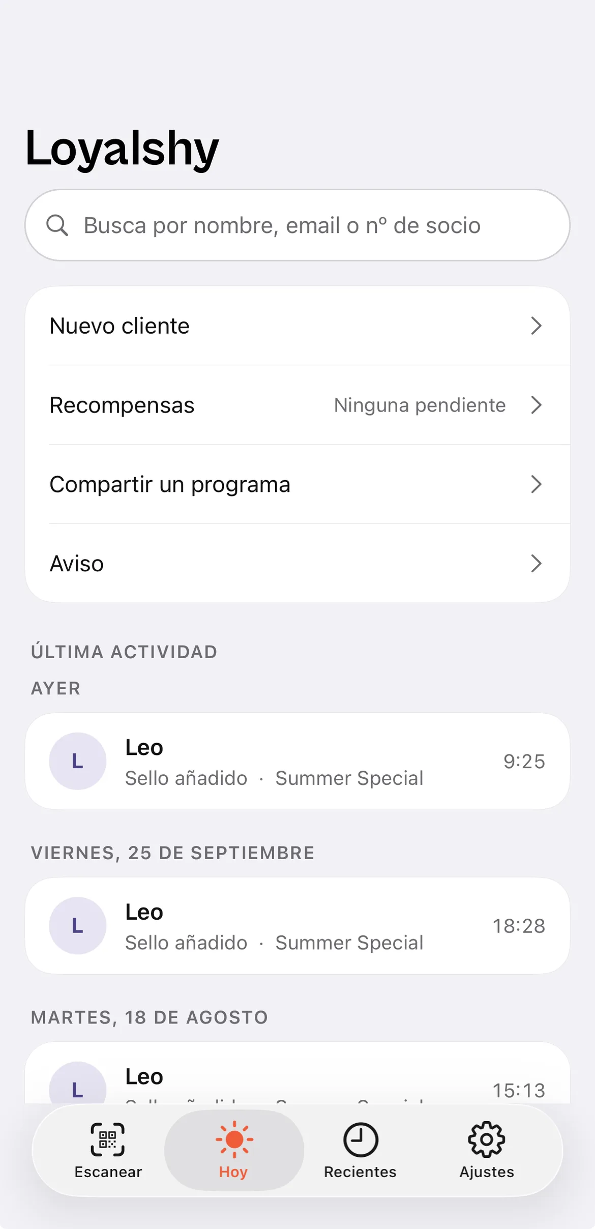 The Today tab with the business name and the day's shortcuts