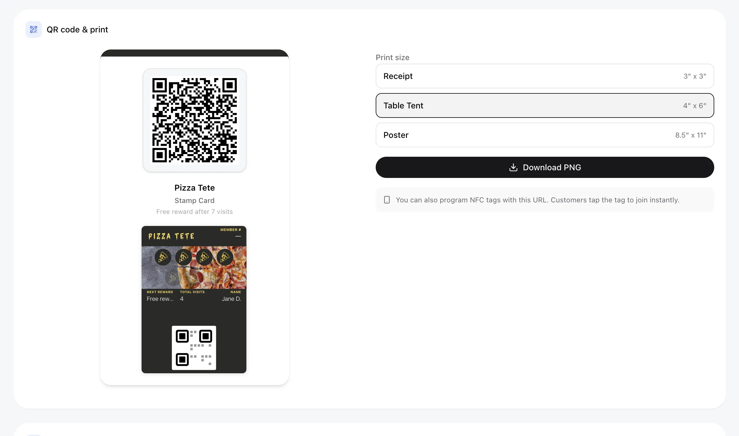 Distribution page with QR code, shareable link, and print sizes
