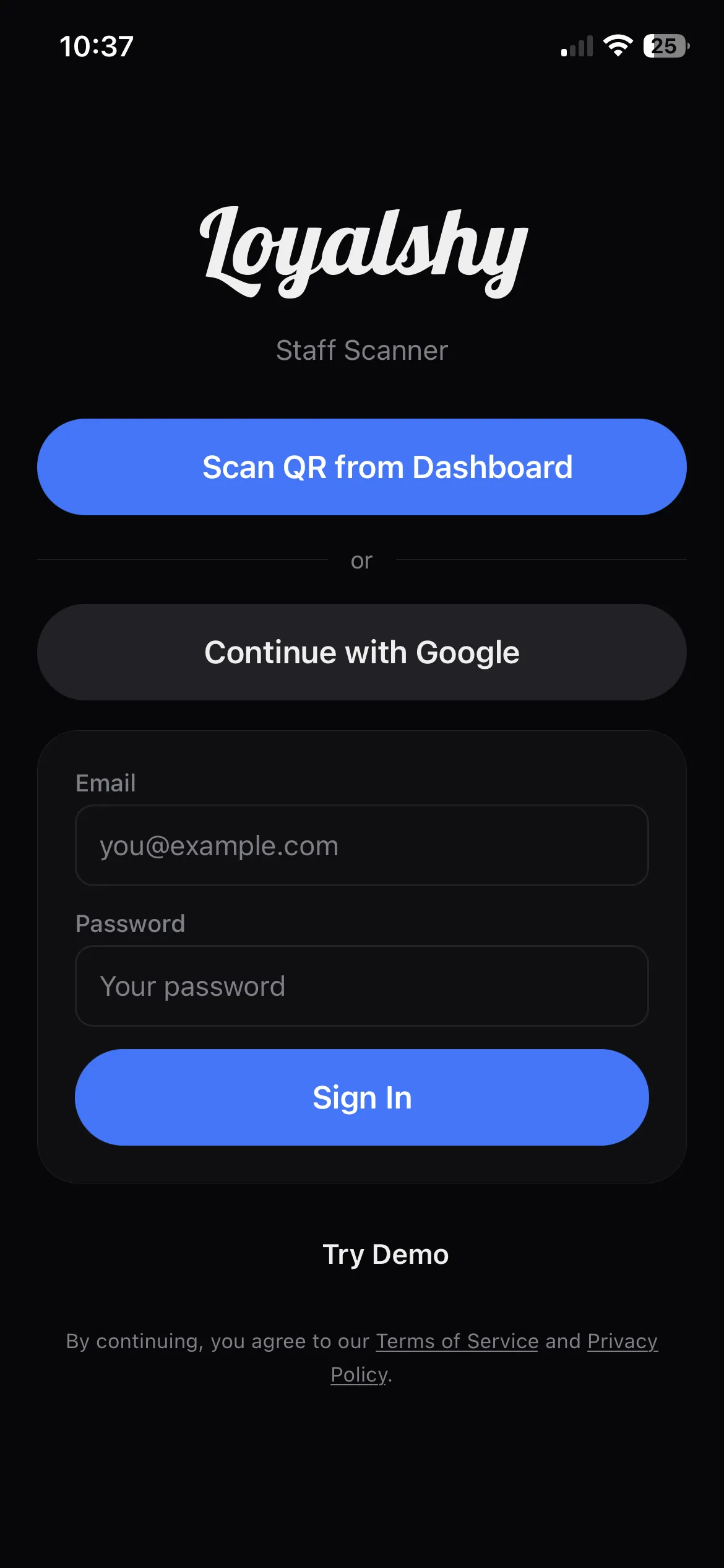 Staff app login screen