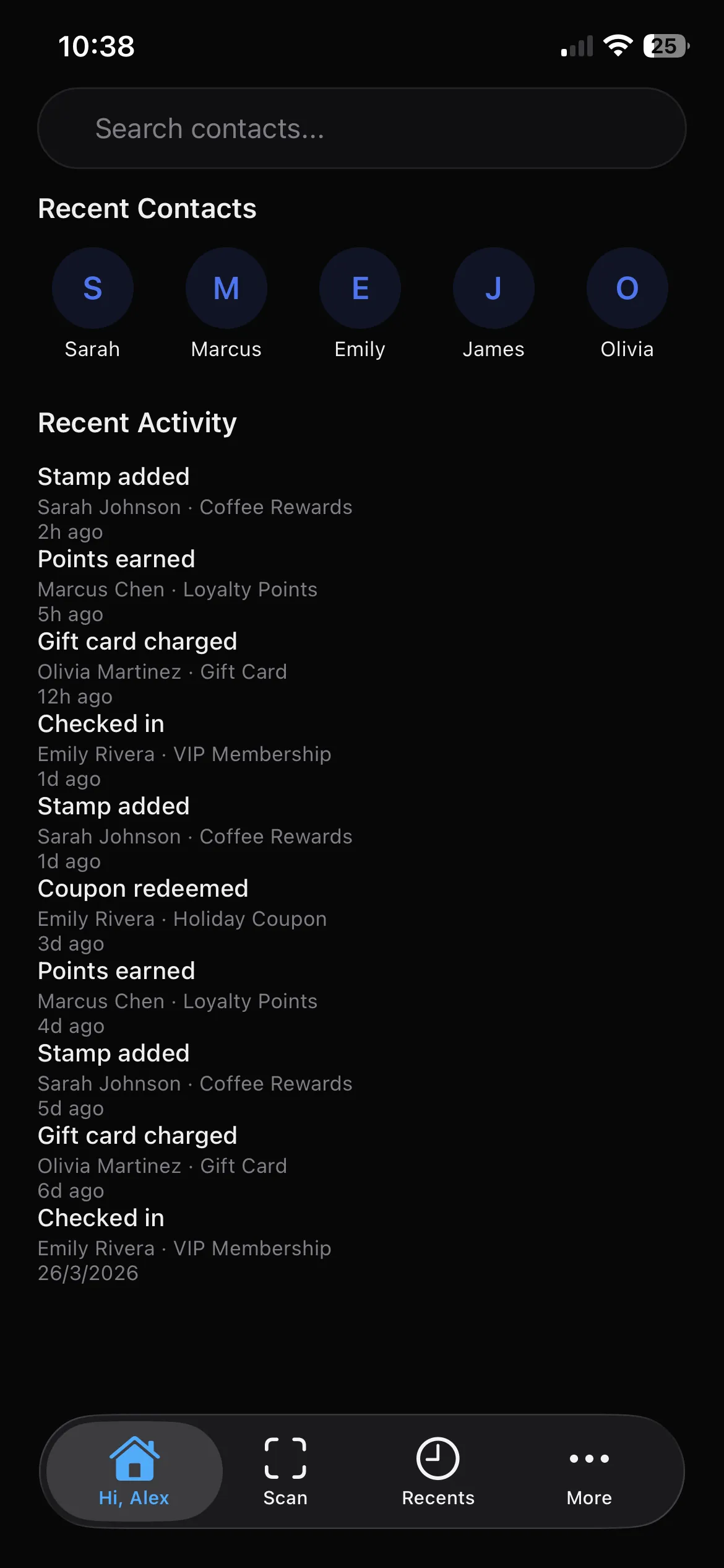 Staff home with contacts and activity